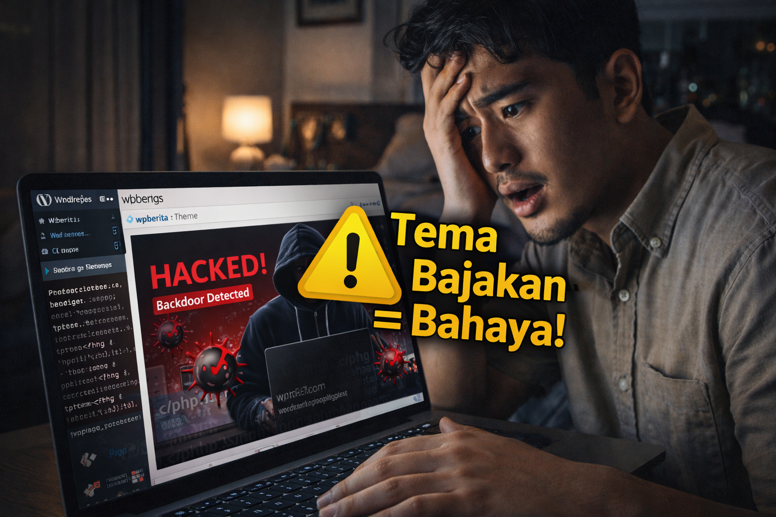 risiko wordpress, tema nulled bahaya, theme bajakan wordpress, hack wordpress 2026, backdoor nulled theme, wpberita nulled, keamanan wordpress, hindari tema bajakan